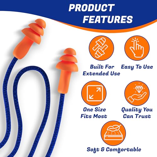 Quality Reusable Earplugs 100 Pair - 25dB Corded Silicone Ear Plugs for Shooting Construction Work Ear Plugs Motorcycle Range Hunting Hearing Protection Ear Protection for Mowing Earplugs Reusable - view 6