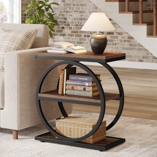 End Table, Narrow End Table with 3 Storage Shelves, Wood Side Table with Black Metal Frames, Industrial Small Sofa Side Table for Living Room, Slim Nightstand and Bedside Table for Bedroom - view 3