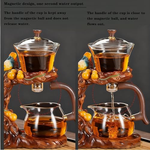 Lazy Kungfu Glass Tea Set Heat Resistant Semi Automatic Drip Rotating with Infuser Magnetic Teapot Set for Gongfu Tea Making Ideal (Gourd Bird) - view 3