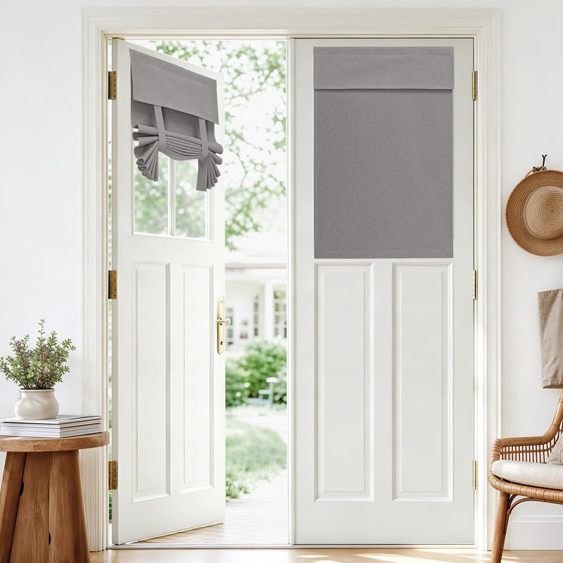 100% Linen Blackout French Door Curtains, Modern Farmhouse Privacy Thermal Insulated Door Window Shades for Bedroom Patio, 1 Panel, W26 x L40 Inch, Grey