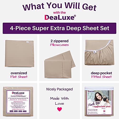 Bed Linen Set - 4Pcs California King Extra Deep Pocket Sheets, Wrink Free Microfiber, Zipper Closure Pillowcases - Taupe Sand - view 4