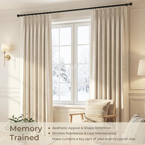 Pleated 100% Blackout Linen Curtains for Bedroom Living Room, Memory Trained Thermal Insulated Room Darkening Window Pleat Drapes with Hooks, 2 Panels (Natural, 40" W x 102" L (Pack of 2)) - view 2