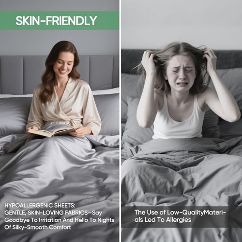 Luxury Organic Tencel & Viscose from Bamboo Cooling Sheet Set,Silky Soft Lyocell Sheets with Deep Pocket, Hypoallergenic & Breathable Bedding with Pillowcases (01-Gray, King - view 5