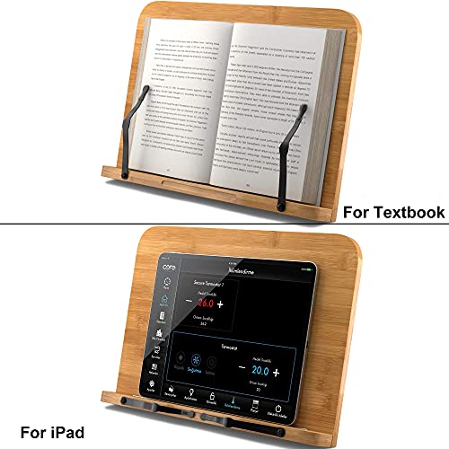 Bamboo Book Stand, Large Book Holder with 6 Adjustable Height, Foldable Cookbook Stand Desktop Document Holder for Kitchen & Office (13.4 x 9.3 Inch) - view 2