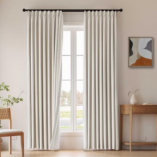 Blackout Natural Linen Pleated Curtains 2 Panels - 40"Wx102"L, Back Tab