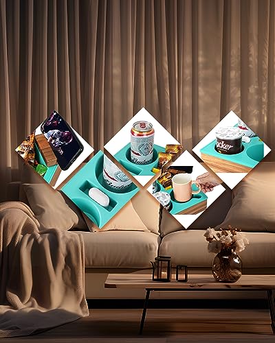 Couch Cup Holder Tray, Handy Soft Silicone Acacia Wooden Couch Caddy for Bed Car Seat Beach Organizer, Waterproof Anti-Spill Sofa Cup Holder for Snacks Beverage Remote (White) - view 3
