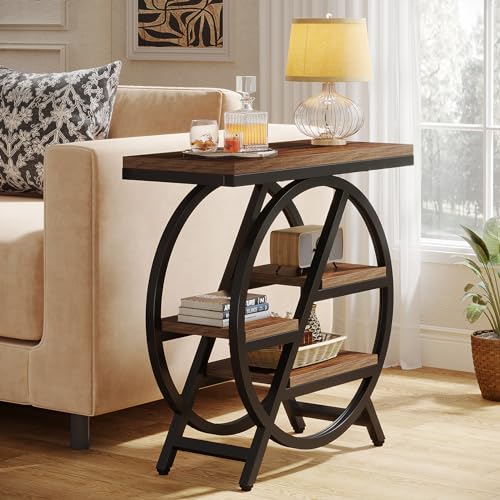 End Table for Living Room, 3-Tier Narrow Side Table with Storage, Wood Sofa Side Table with Geometric Metal Frame, Industrial Nightstand and Bedside Table for Bedroom - view 3