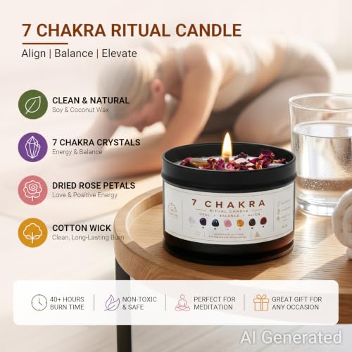 7 Chakra Crystal Candle, Coconut Soy Wax, 40+ Hour Burn, 7 Real Crystals - view 4