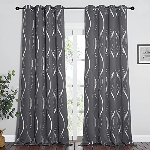 Extra Long Blackout Curtains for Large Window, Grey, 52" x 102", 2 Panels, Foil Printed Wave Lines Energy Saving Thermal Insulated Blackout Draperies for Kids Nursery Boys Bedroom - view 2