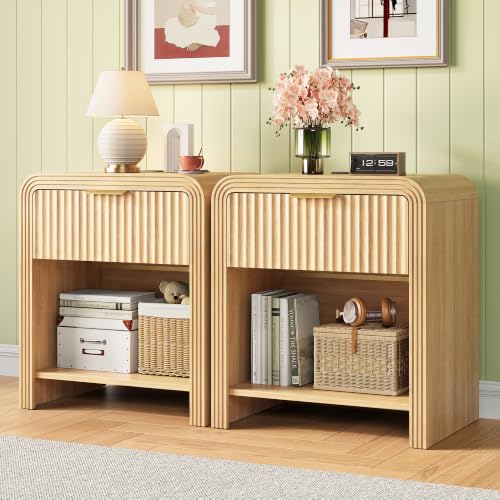 Curved Fluted Nightstands Set of 2 with Charging Station, Nature Oak