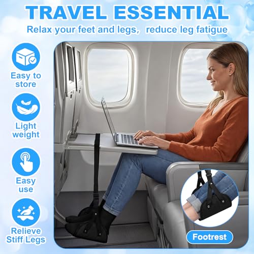 4 Pcs Travel Comfort Kit with Memory Foam Travel Pillow Airplane Footrest Hammock 3D Contoured Eye Mask Compression Socks Neck Pillow for Car Flight Sleeping Support (Black) - view 4