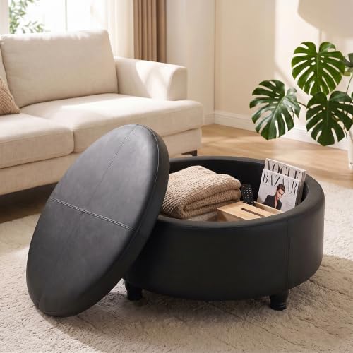 30-Inch Round Ottoman, Leather Ottoman with Storage (Black) - view 3