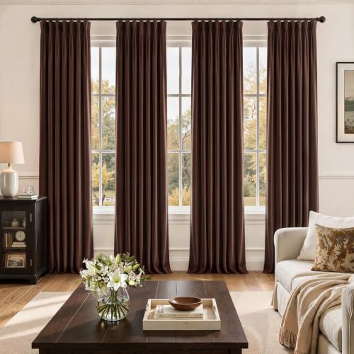 Brown Pinch Pleated Velvet Curtains 84 Inches Long 4 Panels Set