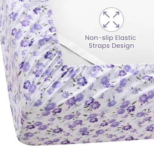 Puple Floral Queen Sheet Set, 4-Piece Microfiber Printed Fitted Sheet with 15" Deep Pockets & Non-Slip Straps, White Flower Patterned Bedding Sheets & Pillowcase Set - view 2