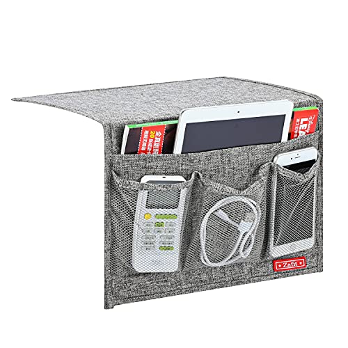 Linen 4 Pockets Bedside Caddy, Bedside Storage Organizer for Magazine, Remotes, Phone (Classic Grey)