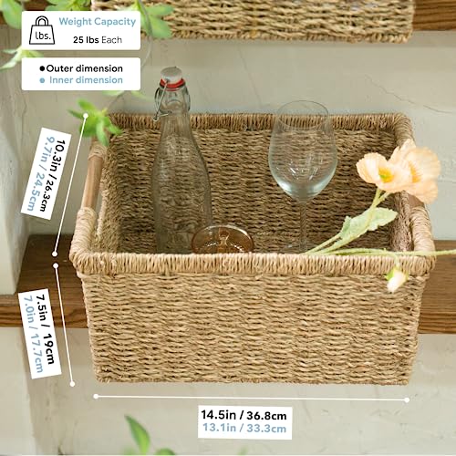 Large Wicker Basket Rectangular with Wooden Handles for Shelves, Seagrass Basket Storage, Natural Baskets for Organizing, Wicker Baskets for Storage - 3 Pack Large - view 4