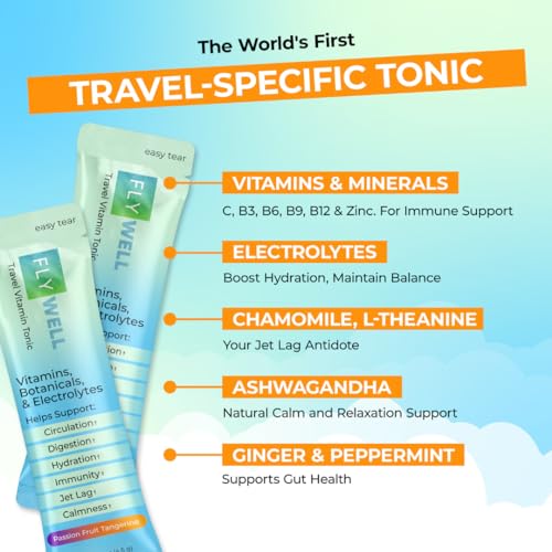 Travel Vitamin Tonic for Flight, Jet Lag, Hydration, Circulation, Digestion & Immune Support, Promotes Calmness, Electrolyte Powder, Travel Essentials, Passion Fruit Tangerine, 15 Sticks - view 2