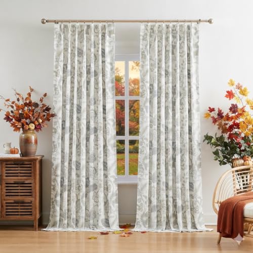 Grey Floral Botanical Pinch Pleated Blackout Curtains 84 Inch