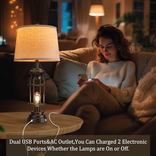 Table Lamp Set of 2 with USB Ports, 28" Tall Farmhouse Table Lamp with 2 Nightlight Bulbs,Touch Control Table Lamps for Bedroom, Rustic Bedside Lamp for End Tables,Bulbs Included,Black - view 4