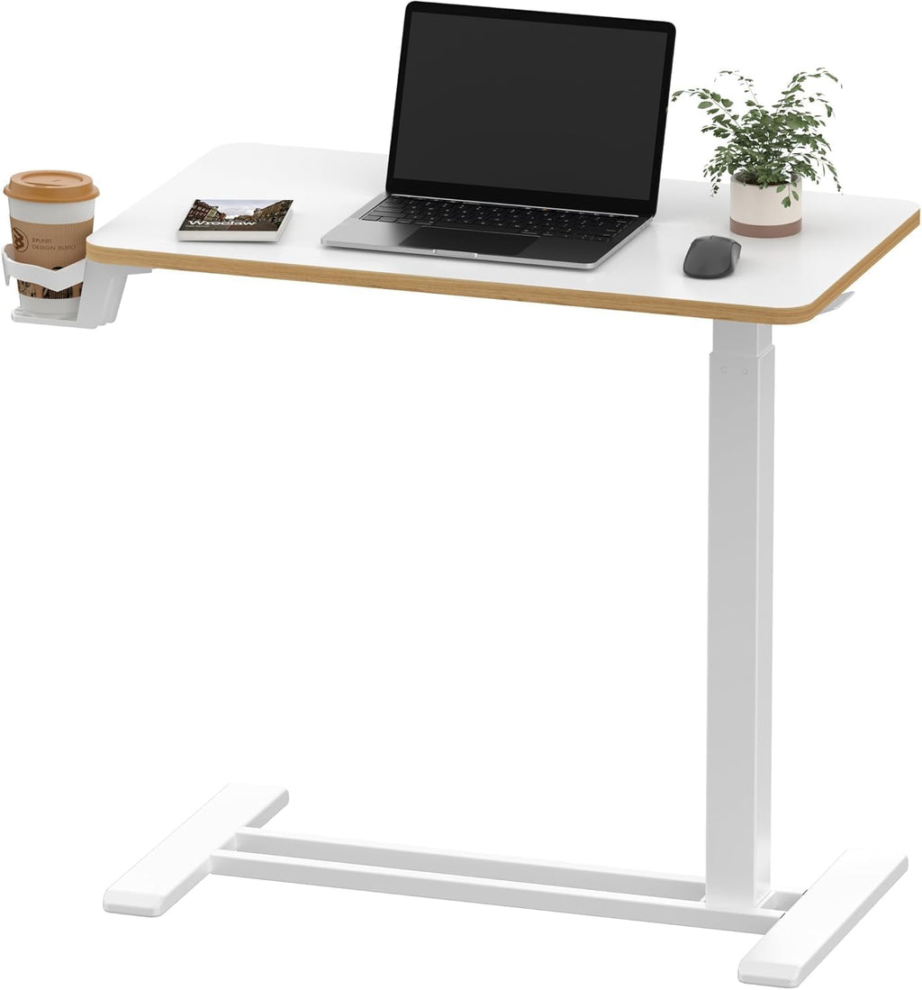 Medical Adjustable Overbed Bedside Table with Hidden Casters, Pneumatic Mobile Laptop Computer Standing Desk Cart Overbed Table with Tray, Hospital and Home Use(27.6" W x 15.7" D, White)