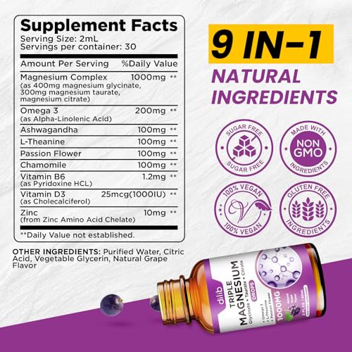 Liquid Magnesium Glycinate Supplement 1000mg, Calm Magnesium Citrate, Taurate Drops with Omega 3, Zinc, Ashwagandha, L-Theanine, Chamomile for Sleep, Mood, Stress Relief, Bone, Muscle, Grape Flavor - view 7