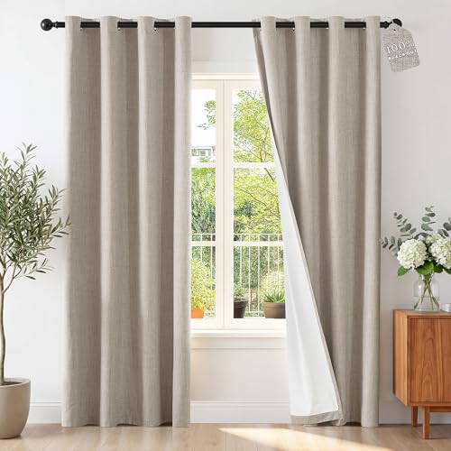 Linen Curtains 84 Inches Long 2 Panels Set 100% Blackout Curtain