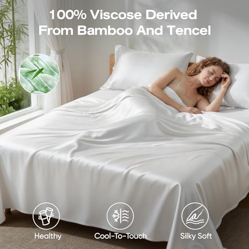 100% Real Bamboo Viscose & Lyocell Tencel Sheets Set King Size | Breathable & Cooling for Hot Sleeper | Luxury Silky Soft Fabric | 18" Deep Pocket with Corner Straps (White, King) - view 2