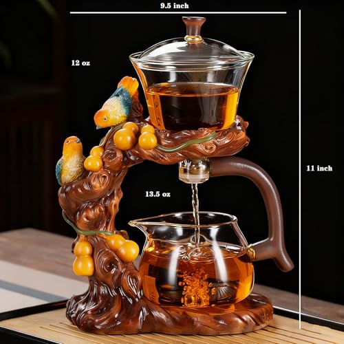 Lazy Kungfu Glass Tea Set Heat Resistant Semi Automatic Drip Rotating with Infuser Magnetic Teapot Set for Gongfu Tea Making Ideal (Gourd Bird) - view 6