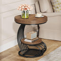 Round End Table, 2-Tier Farmhose Wood Side Table with Shelf Storage, Small Sofa Side Bedside Nightstand, Arc-Shaped Frame Accent Furniture for Living Room, Light Brown