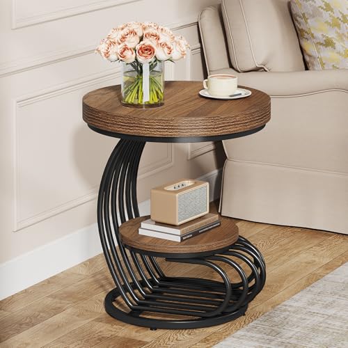Round End Table, 2-Tier Farmhose Wood Side Table with Shelf Storage, Small Sofa Side Bedside Nightstand, Arc-Shaped Frame Accent Furniture for Living Room, Light Brown