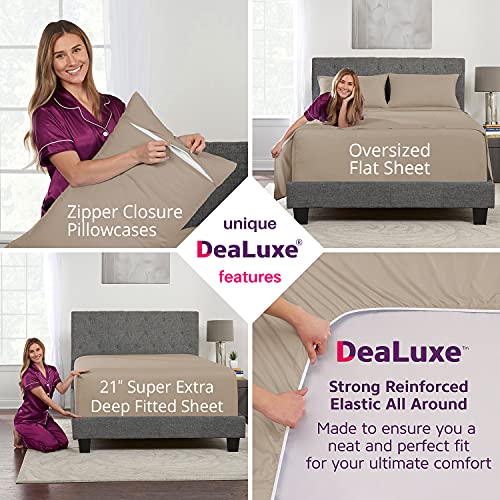 Bed Linen Set - 4Pcs California King Extra Deep Pocket Sheets, Wrink Free Microfiber, Zipper Closure Pillowcases - Taupe Sand - view 6