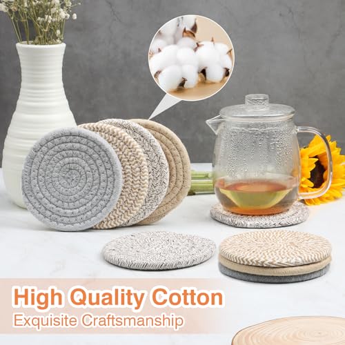 4.8" Drink Cotton Coasters Set of 2 - Boho Woven Drink Pads for Coffee & Tea, Neutral Sandstone Blend Fabric Cup Mats for Desk, Table, Nightstand, Dorm, Giftable Absorbent Coaster Set (Latte) - view 3