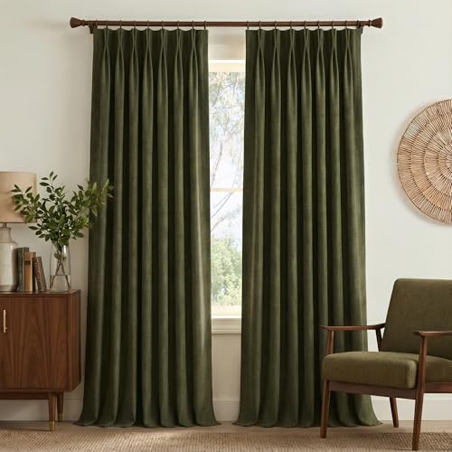 Vintage Olive Dark Green Pinch Pleated Linen Curtains 90 inch Long