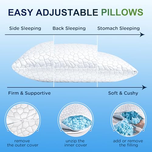 Cooling Bed Pillows for Sleeping 2 Pack Shredded Memory Foam Pillows Adjustable Pillow for Side Back Stomach Sleepers Luxury Gel Pillows Queen Size Set of 2 with Washable Removable Cover - view 4