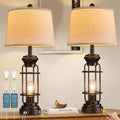 Table Lamp Set of 2 with USB Ports, 28" Tall Farmhouse Table Lamp with 2 Nightlight Bulbs,Touch Control Table Lamps for Bedroom, Rustic Bedside Lamp for End Tables,Bulbs Included,Black