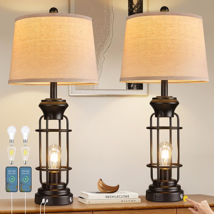 Table Lamp Set of 2 with USB Ports, 28" Tall Farmhouse Table Lamp with 2 Nightlight Bulbs,Touch Control Table Lamps for Bedroom, Rustic Bedside Lamp for End Tables,Bulbs Included,Black