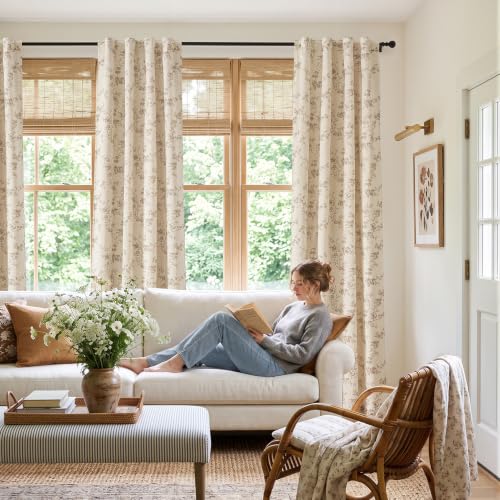 Linen Blackout Curtains Taupe Floral 84 Inch Back Tab 2 Panels - view 6