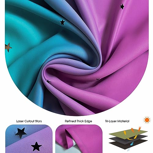 Ombre Star Cutout Blackout Curtains for Girls Bedroom Kids Nursery Living Room Decor,Double Layer with Sheer Overlay Window Drapes Princess Teal Purple Gradient,52 x 63 inch Length 2 Panels Set - view 4
