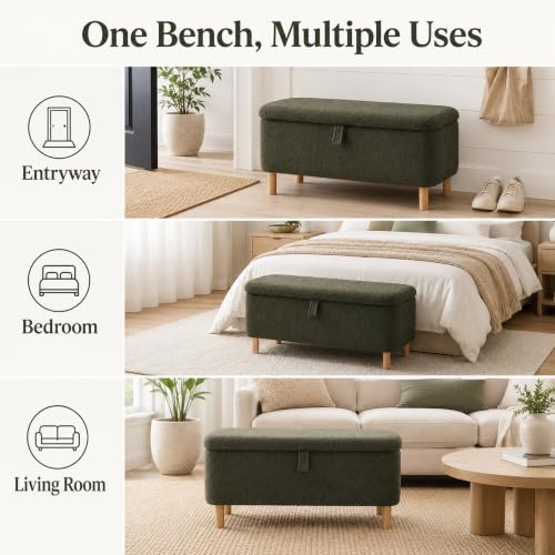 Storage Bench Bedroom Bench Sherpa Ottoman Storage Entryway for Living Room Rectangular Boucle Foot Rest Stool Padded Seat (39.5",Green) - view 6