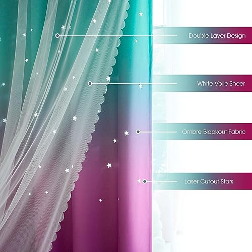Ombre Star Cutout Blackout Curtains for Girls Bedroom Kids Nursery Living Room Decor,Double Layer with Sheer Overlay Window Drapes Princess Teal Purple Gradient,52 x 63 inch Length 2 Panels Set - view 3
