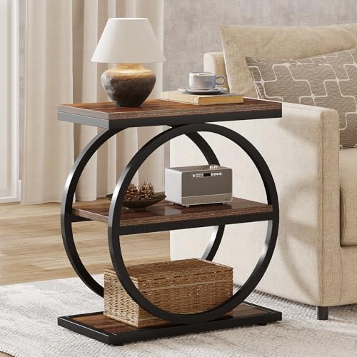 End Table, Narrow End Table with 3 Storage Shelves, Wood Side Table with Black Metal Frames, Industrial Small Sofa Side Table for Living Room, Slim Nightstand and Bedside Table for Bedroom