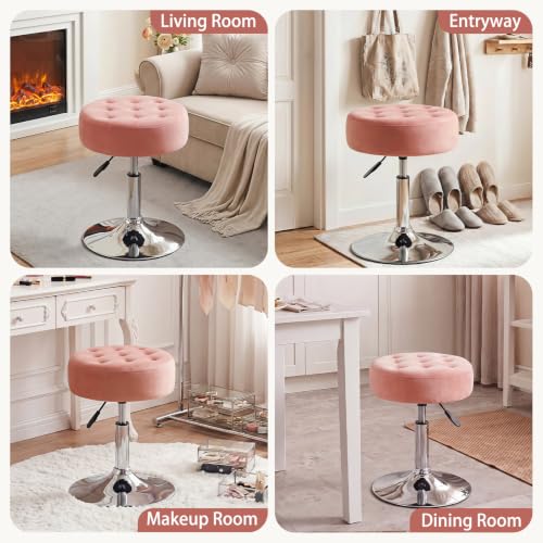 Mid-Century Velvet Tufted Makeup Ottoman Stool, 360° Swivel Adjustable Vanity Stool Modern Big Size Vanity Chair Stools for Living Room Bedroom Bathroom, Pink - view 6