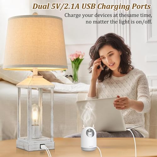 28" Farmhouse Table Lamps for Living Room Set of 2, 3-Way Dimmable Bedside Lamp with USB Ports, White Rustic Touch Control Nightstand Lamps for Bedroom, Modern Desk Lamp for Office, 4 Bulbs Included - view 3