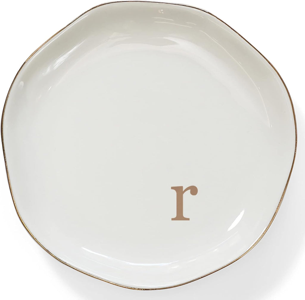 Initials ring dish jewelry tray with personalized R-monogrammed engagement wedding gifts for friends, sister, birthday Christmas gifts for women, ceramic white
