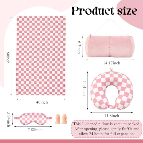 5 Pcs Travel Pillow Blanket Set, Airplane,Checkered,Pink - view 2