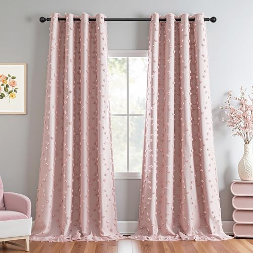 100% Blackout Curtains for Girls Bedroom 95 Inch Long Total Room Darkening Curtain for Living Room 2 Panels Grommet Light Blocking Sliding Door Drapes Blush Pink Pom Pom Sheer 50 x 95 Inch