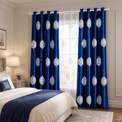 Blackout Curtains 84 Inches Long for Bedroom, White Flowers Embroidered Room Darkening Window Drapes for Living Room, 52x84, 2 Panels, Dark Blue - view 2
