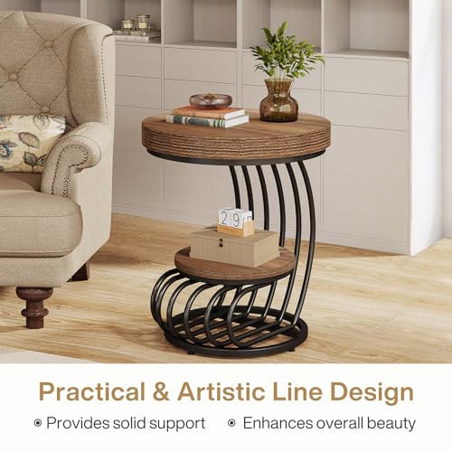 Round End Table, 2-Tier Farmhose Wood Side Table with Shelf Storage, Small Sofa Side Bedside Nightstand, Arc-Shaped Frame Accent Furniture for Living Room, Light Brown - view 5