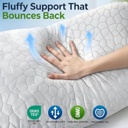 Cooling Bed Pillows for Sleeping 2 Pack Shredded Memory Foam Pillows Adjustable Pillow for Side Back Stomach Sleepers Luxury Gel Pillows Queen Size Set of 2 with Washable Removable Cover - view 5
