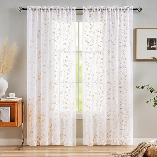 Sheer Curtains with Desin White-Beige Floral Embroidery 84 Inch Long Rod Pocket Lace Drapes for Living room, Bedroom, 2 Panels, 52"x84", Semi Voile Outdoor Window Treatment Sets for Yard, Patio. - view 3
